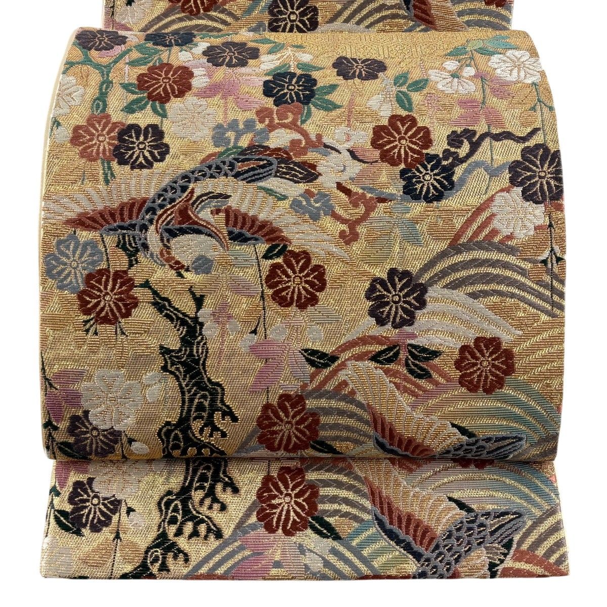 【美品】 袋帯 秀品 鳥 枝垂れ桜 箔 金糸 金色 六通 正絹 【中古】