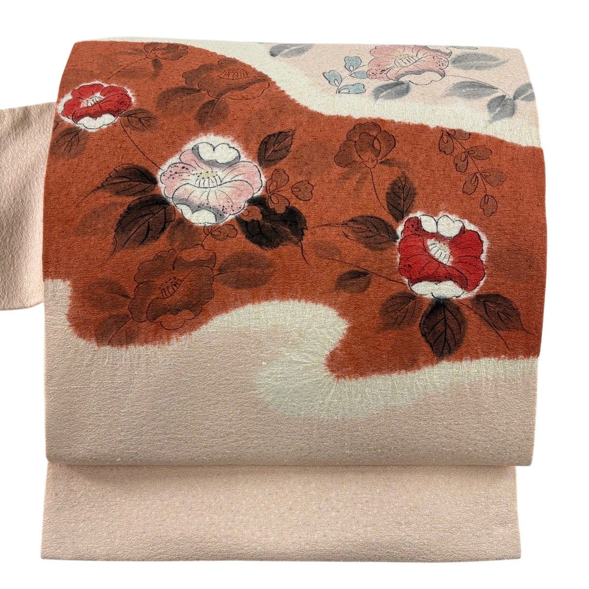 【美品】 名古屋帯 秀品 椿 絞り 薄ピンク 正絹 【中古】