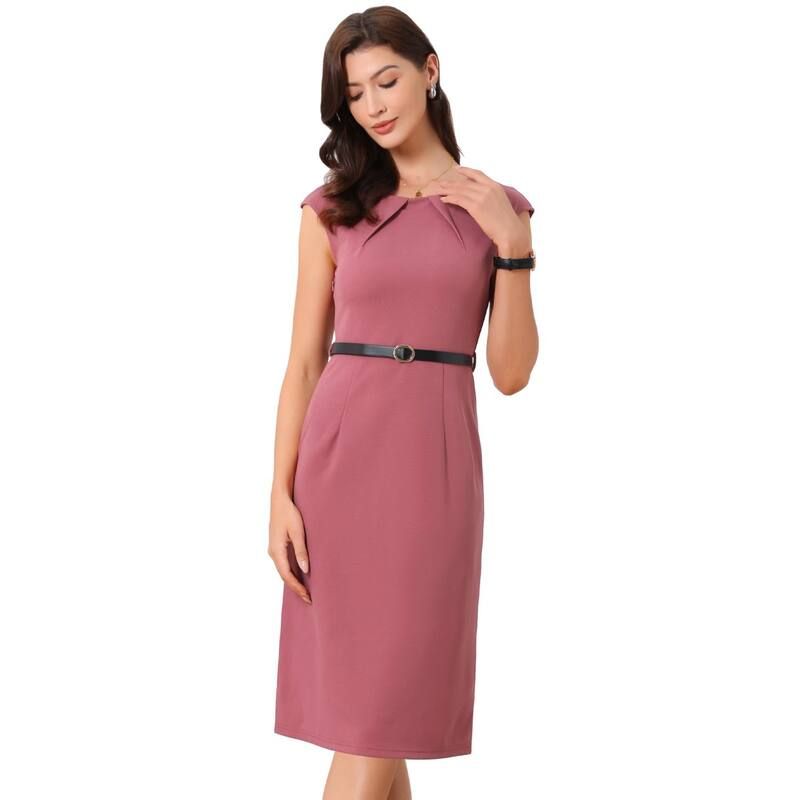 アレグラ ケー レディース トップス ワンピース キャップ ALLEGRA K Elegant Office Dress for Womens Round Neck Cap Sleeve Belted