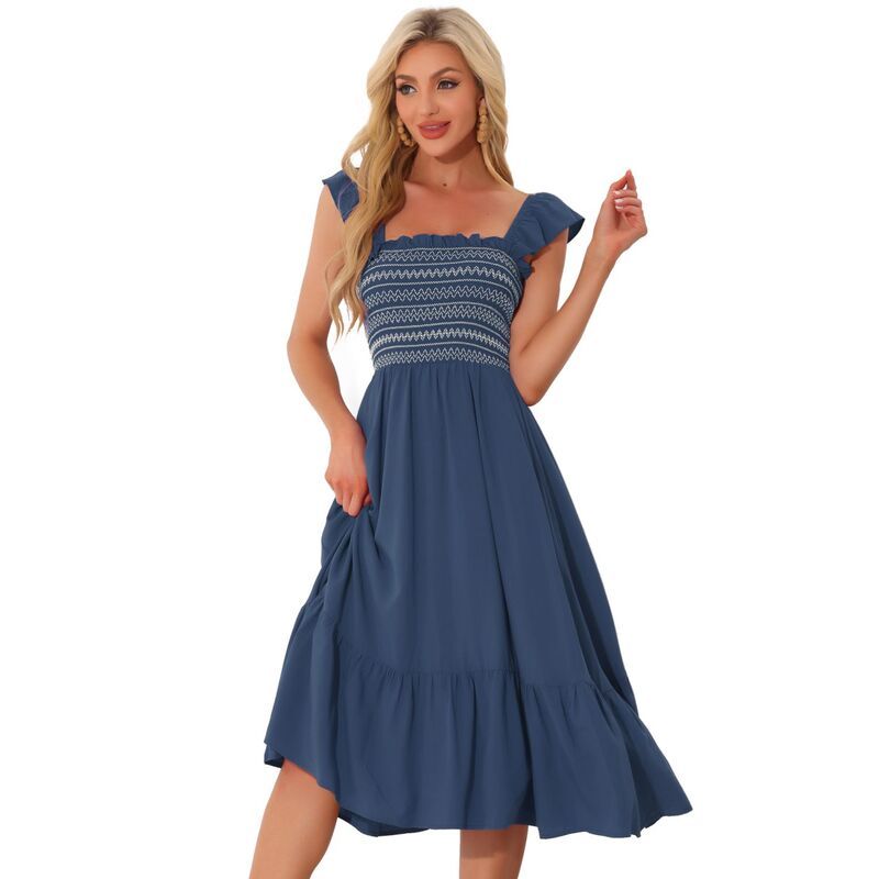 アレグラ ケー レディース トップス ワンピース ティアード フリル ミディ ノースリーブ シャーリング ALLEGRA K Womensmocked Sundress Casual Square N