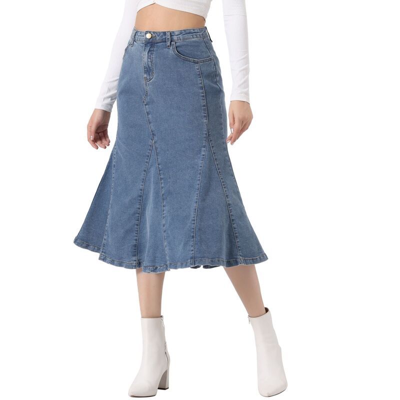 アレグラ ケー レディース ボトムスカート A ライン ミディ デニム ALLEGRA K Casual Denim Skirt For Womens High Waisted Aline Flare