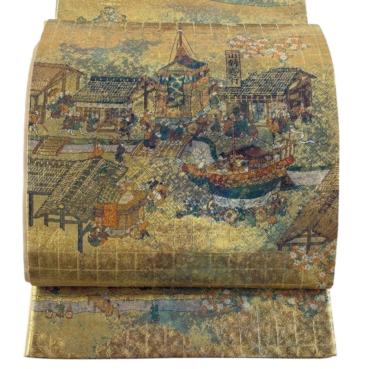【美品】 袋帯 秀品 山鉾 人物 箔 金色 お太鼓柄 正絹 【中古】