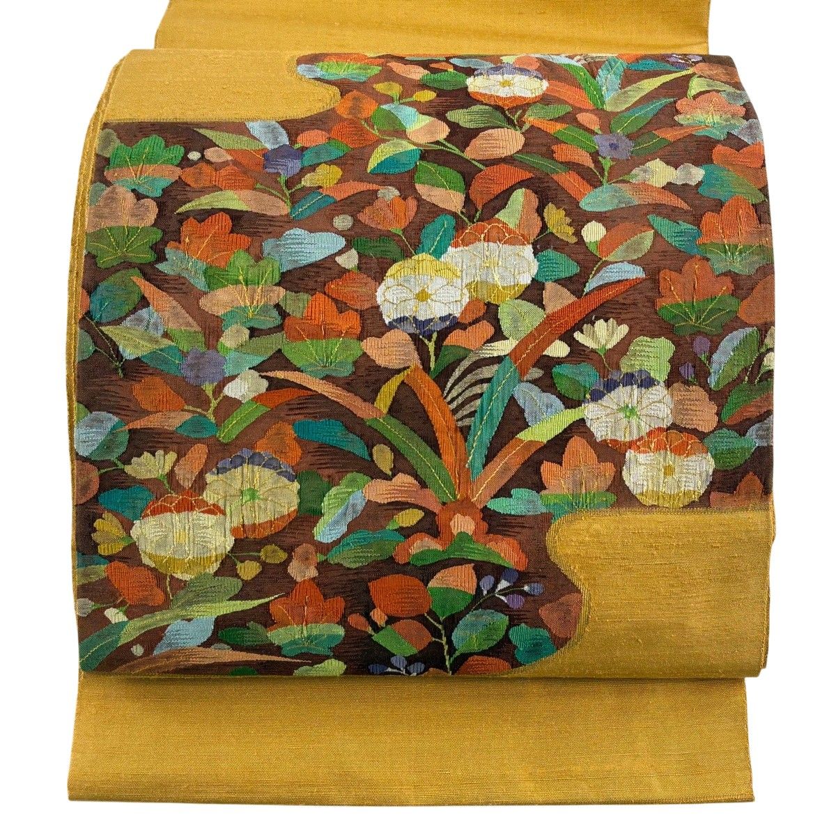 【美品】 袋帯 秀品 関西仕立て 紬地 草花 霞 茶色 お太鼓柄 正絹 【中古】