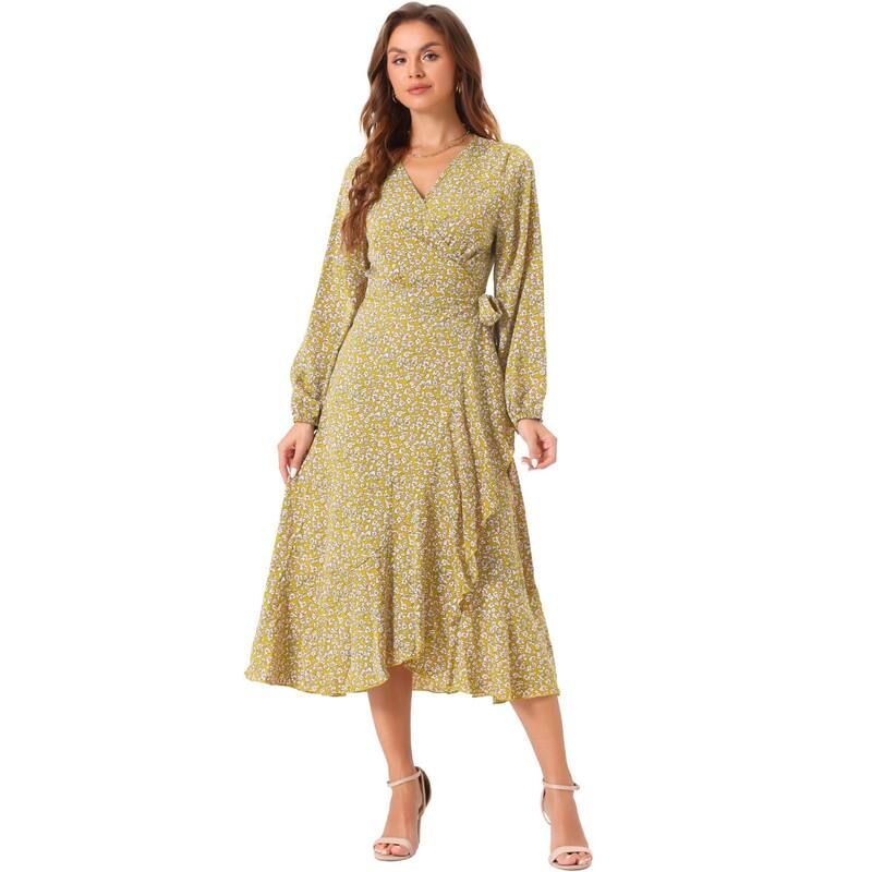 アレグラ ケー レディース トップス ワンピース フラワー柄 フリル マキシ フラワー ALLEGRA K Womens Floralong Sleeve Wrap Tie Waist Ruffle
