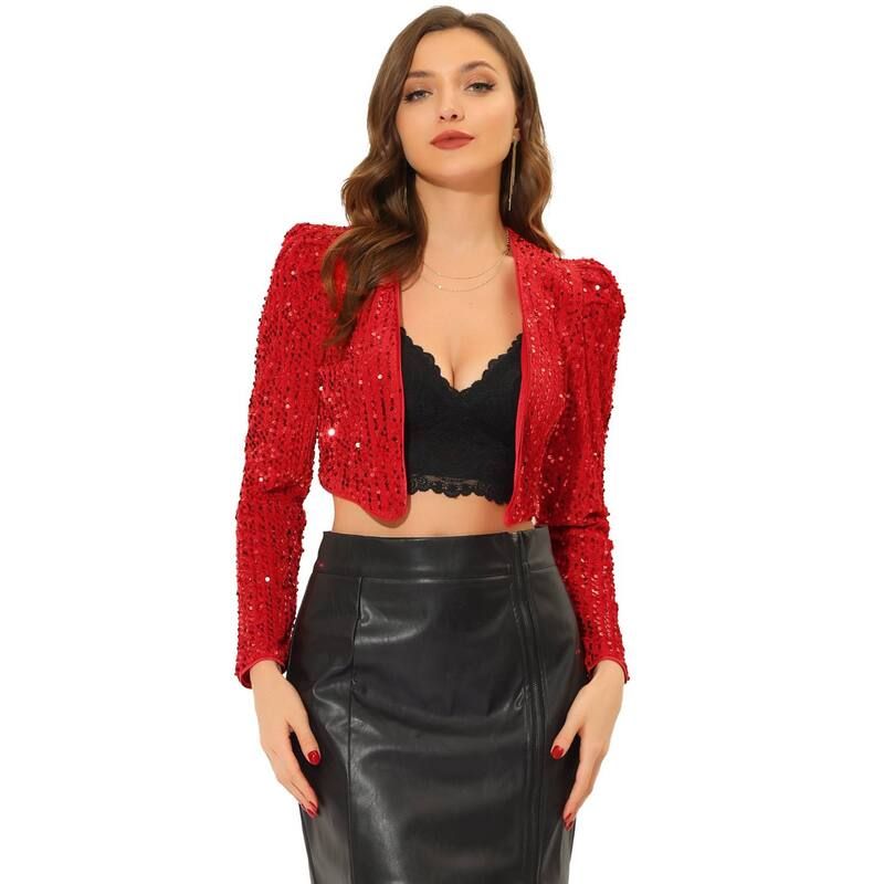アレグラ ケー レディース アウター ジャケット・ブルゾン スパンコール クロップド ALLEGRA K Womens Party Shiny Sequin Long Sleeve Open Fron