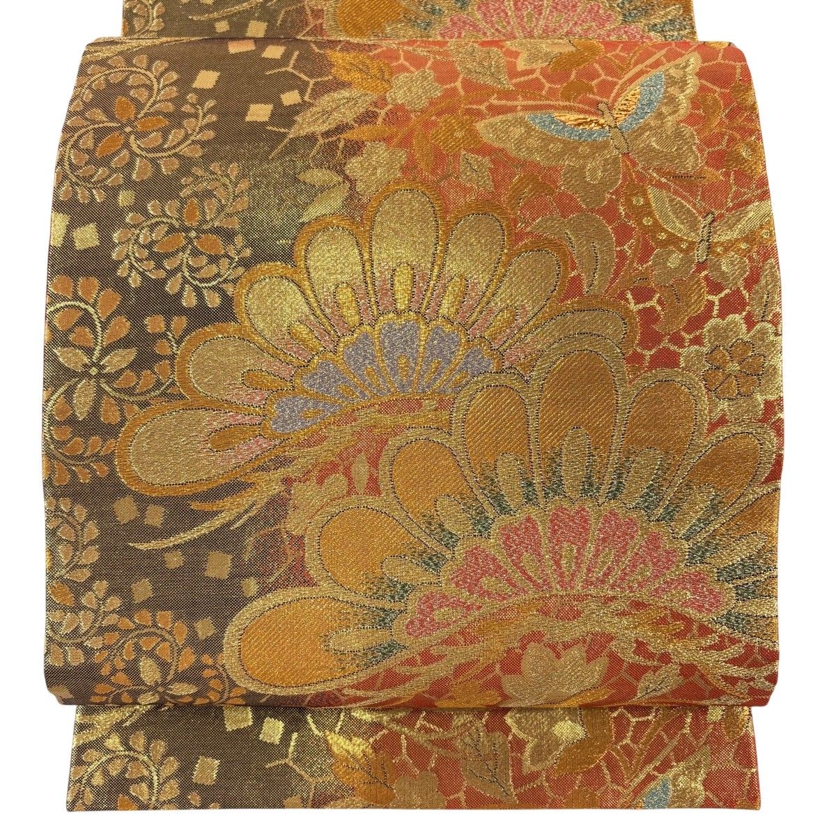 【美品】 袋帯 秀品 笠松 蝶 箔 金糸 オレンジ 六通 正絹 【中古】