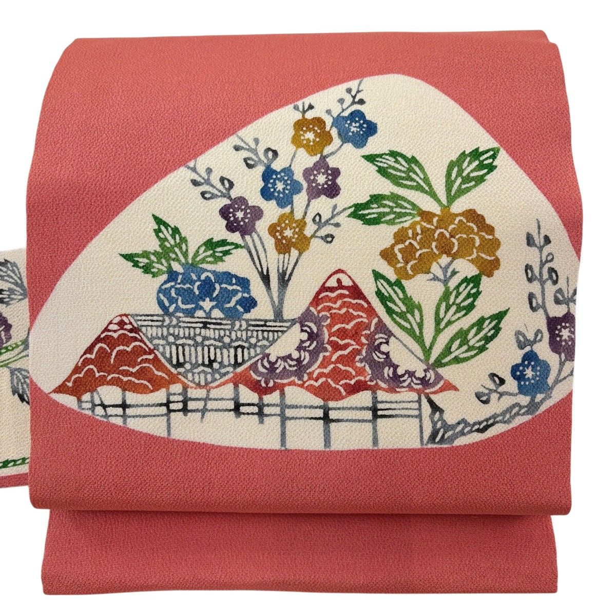 名古屋帯 秀品 家屋 草花 縮緬 サーモンピンク 正絹 【中古】