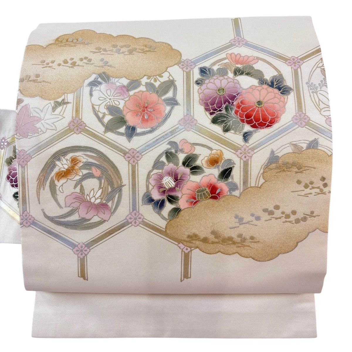 名古屋帯 秀品 亀甲 花丸文 金銀彩 クリーム 正絹 【中古】