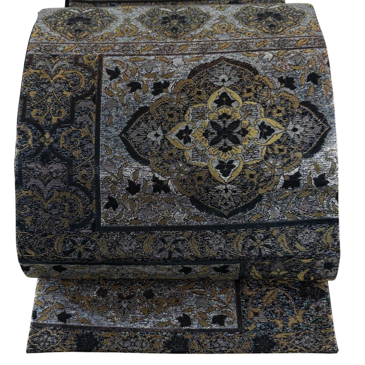【美品】 袋帯 秀品 輝羅々更紗 華文 花唐草 金糸 箔 銀色 六通 正絹 【中古】