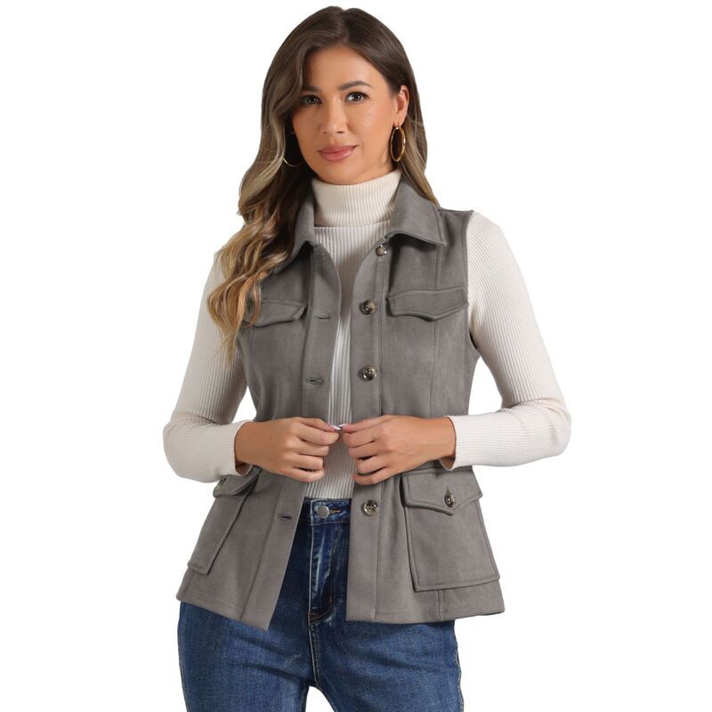 アレグラ ケー レディース アウター ジャケット・ブルゾン ベスト スエード ノースリーブ ALLEGRA K Womens Rustic Sleeveless Jacket Button Up Fa