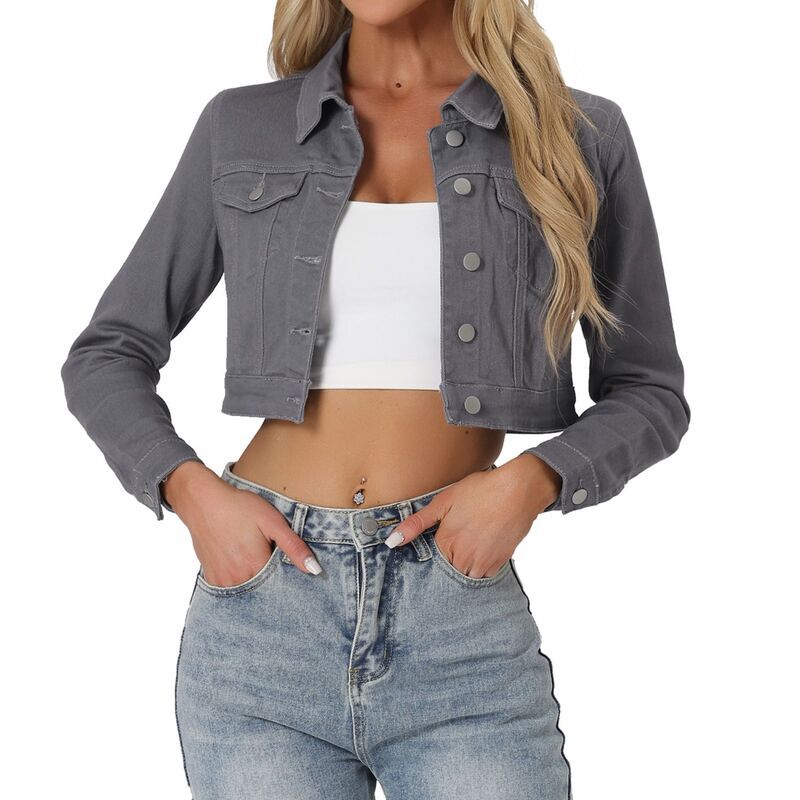 アレグラ ケー レディース アウター ジャケット・ブルゾン クロップド デニム ALLEGRA K Womens Classic Long Sleevesingle Breasted Croppede