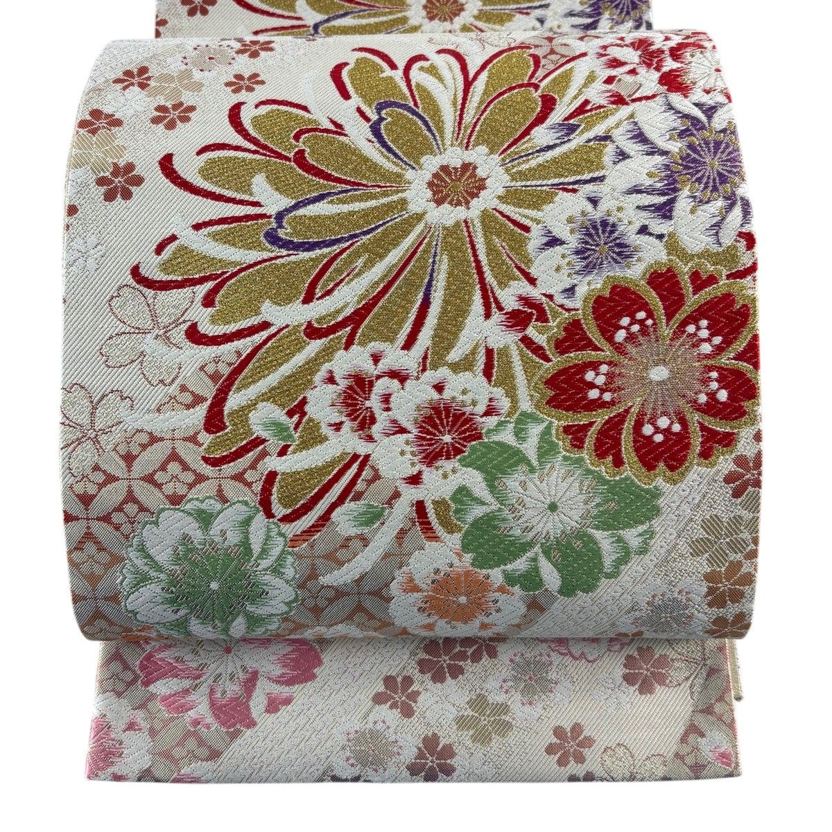 【美品】 袋帯 秀品 草花 菊 金糸 唐織 ベージュ 六通 正絹 【中古】