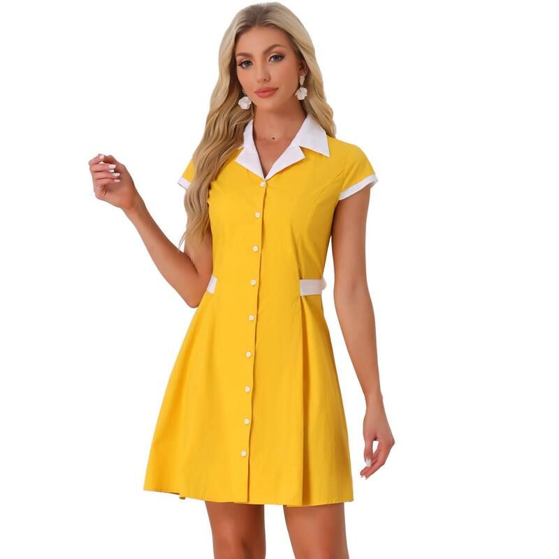 アレグラ ケー レディース トップス ワンピース A ライン シャツ コントラスト ALLEGRA K Womens Work Contrast Collar Button Front Belted 11,235円