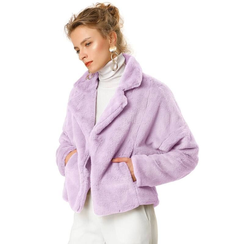 アレグラ ケー レディース アウター ジャケット・ブルゾン コート クロップド ALLEGRA K Womens Cropped Jacket Notch Lapel Faux Fur Fluffy