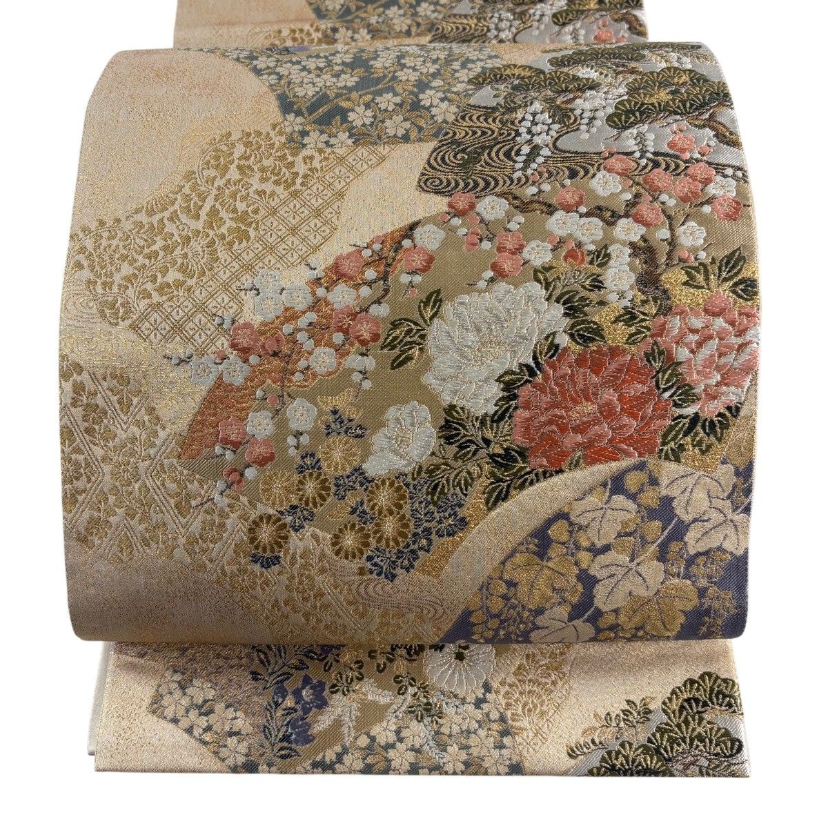 【美品】 袋帯 秀品 扇面 草花 金糸 箔 ベージュ 六通 正絹 【中古】