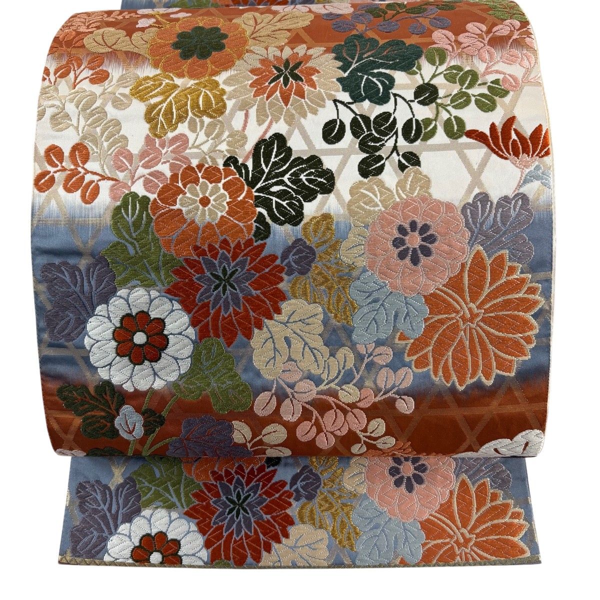 【美品】 袋帯 秀品 菊老松竹垣地紋 関西仕立て 菊 萩 唐織 金糸 赤茶 六通 正絹 【中古】
