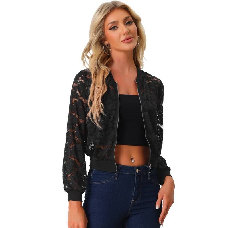 アレグラ ケー レディース アウター ジャケット・ブルゾン メッシュ シアー レース ALLEGRA K Lace Jackets For Womenstand Collar Zip Up Meshe