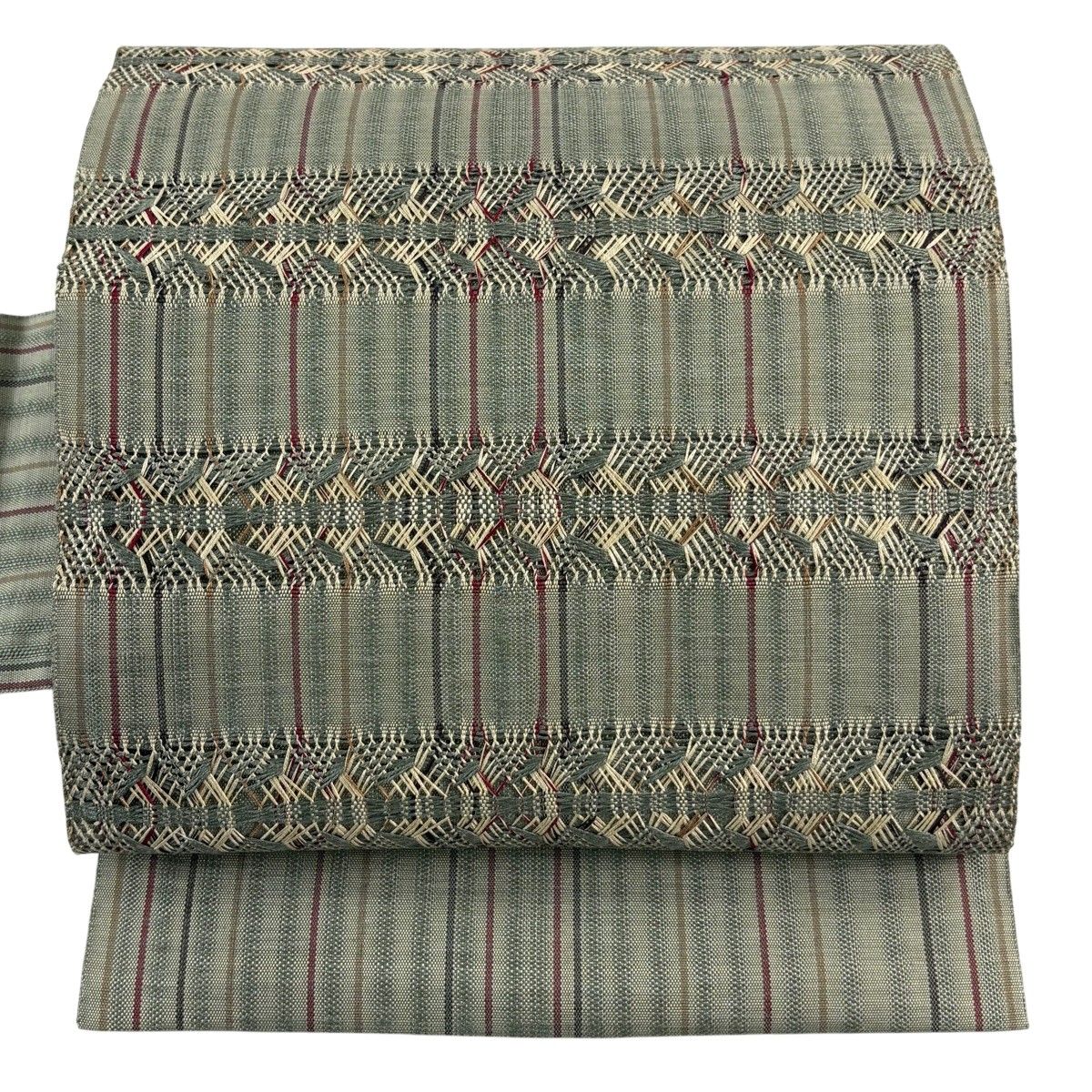 【美品】 名古屋帯 秀品 縞 幾何学 灰緑 正絹 【中古】