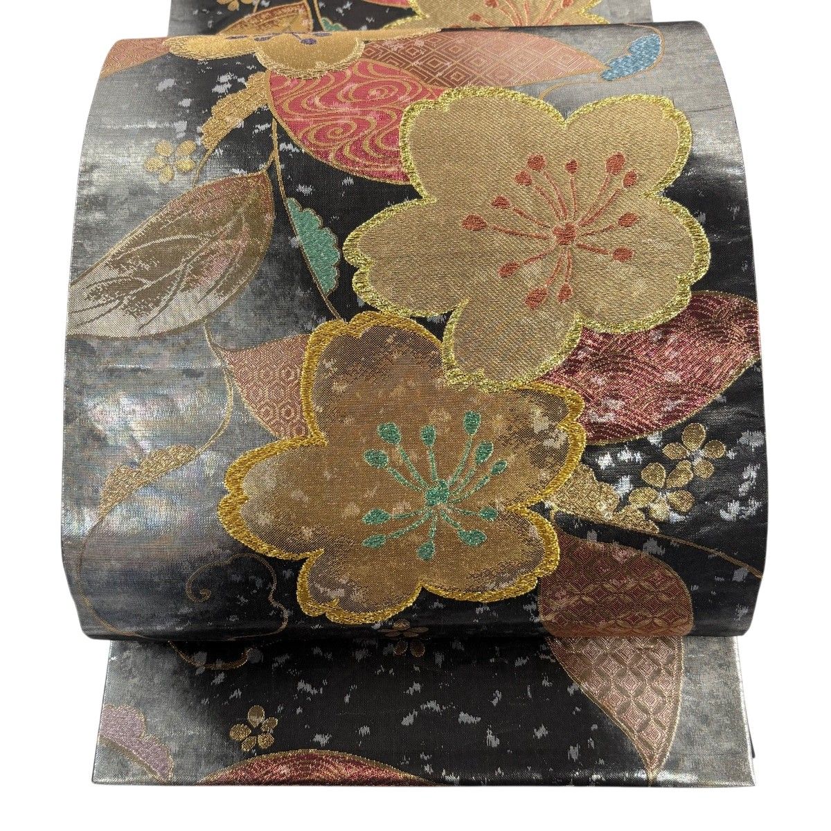 【美品】 袋帯 秀品 風雅箔 振袖向き 桜 金糸 箔 黒灰 六通 正絹 【中古】