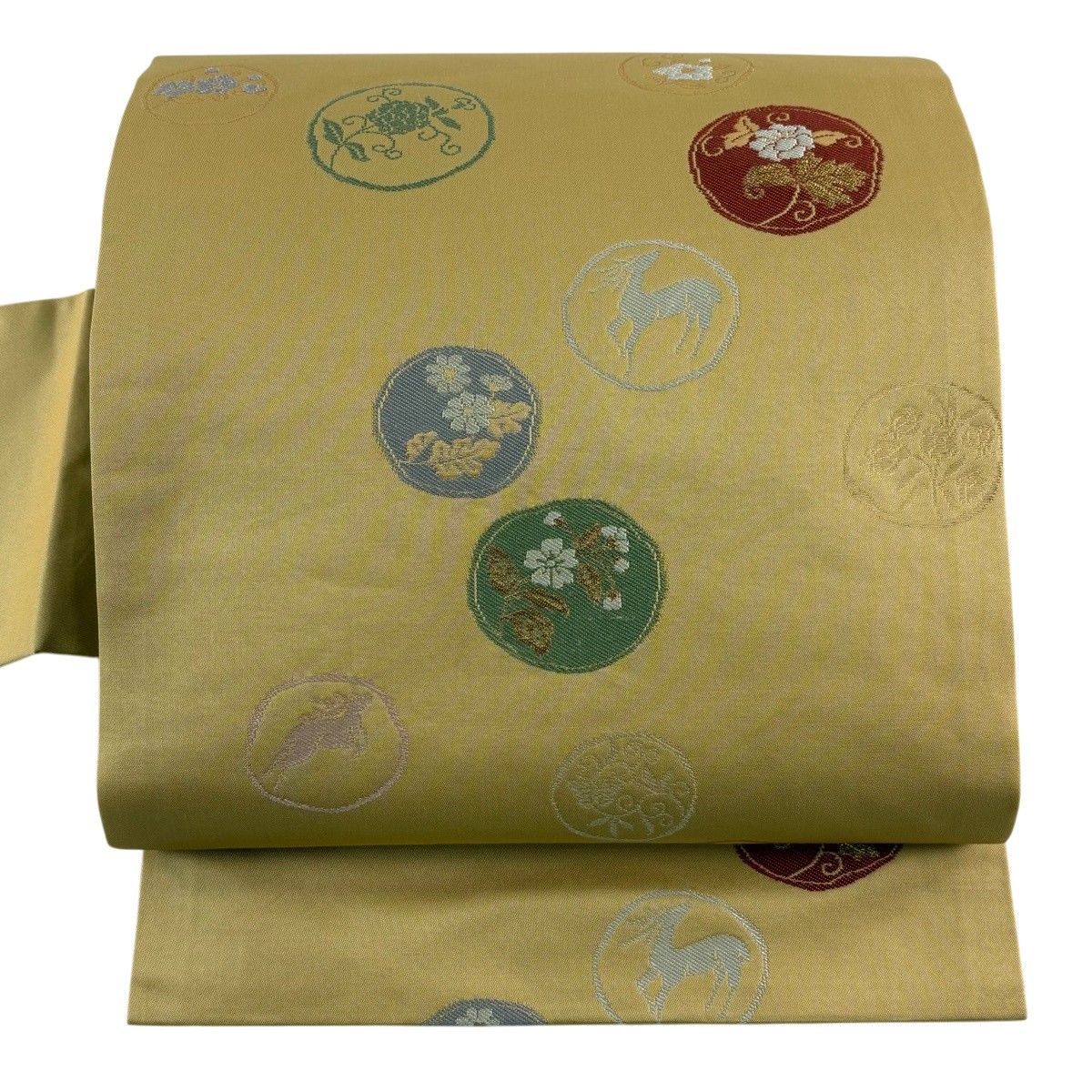 【美品】 名古屋帯 秀品 動物 草花 金糸 箔 黄土色 正絹 【中古】