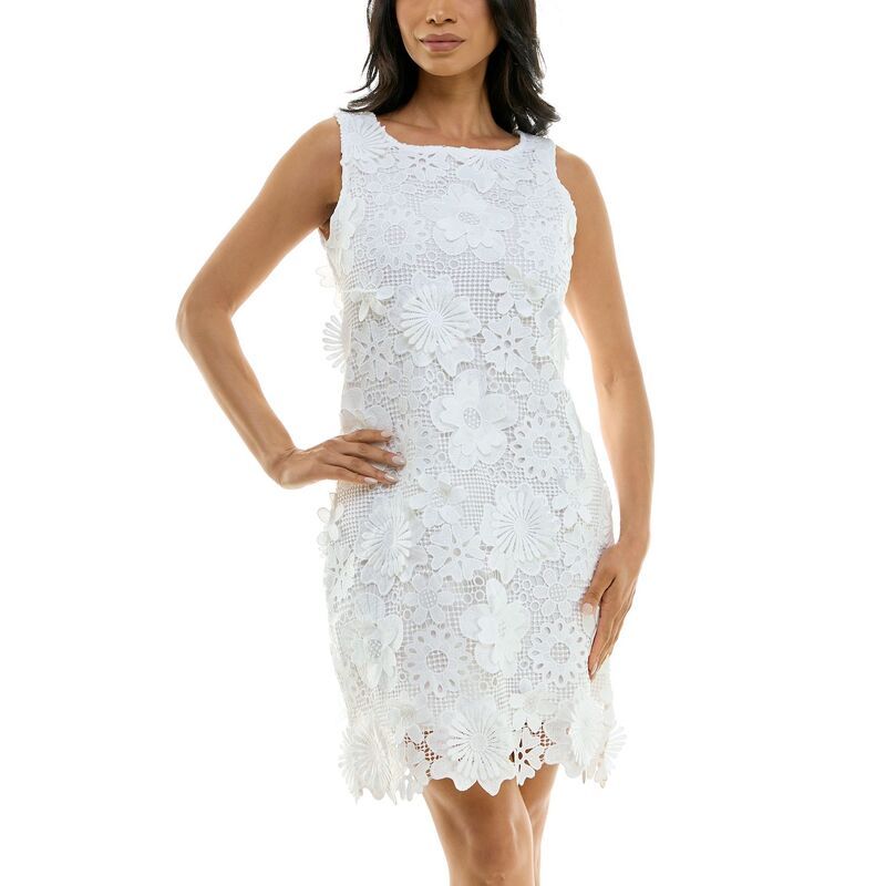 ニナレオナルド レディース トップス ワンピース フラワー柄 フラワー Womens Nina Leonard Crochet 3D Floral Embroidery Sheath Dress Wh