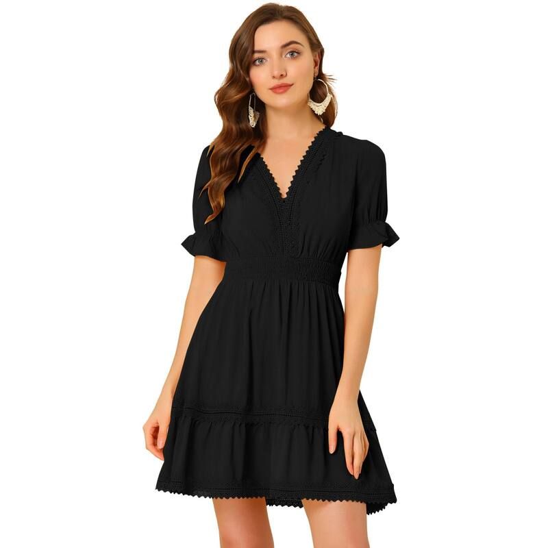 アレグラ ケー レディース トップス ワンピース Vネック ミニ シャーリング ALLEGRA K Womens V Neck Smocked Elastic Waist Short Sleeve M
