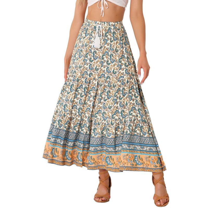 アレグラ ケー レディース ボトムスカート フラワー柄 マキシ フラワー ALLEGRA K Womens Boho Floral Skirt For Womens Tassels Elastic W