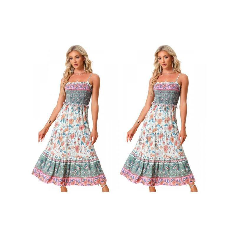 アレグラ ケー レディース トップス ワンピース A ライン フラワー柄 シャーリング マキシ フラワー ALLEGRA K 2 Packs Boho Floral Dresses for Women