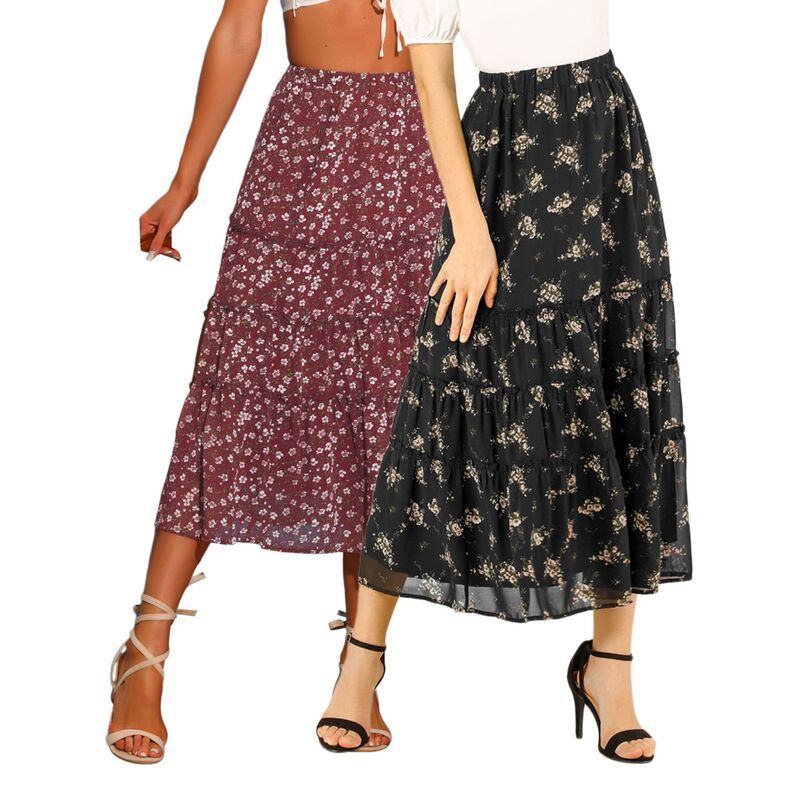 アレグラ ケー レディース ボトムスカート ティアード フラワー柄 プリント フリル マキシ フラワー ALLEGRA K 2 Packs Womens Floral Print Elastic Wa 17,486円