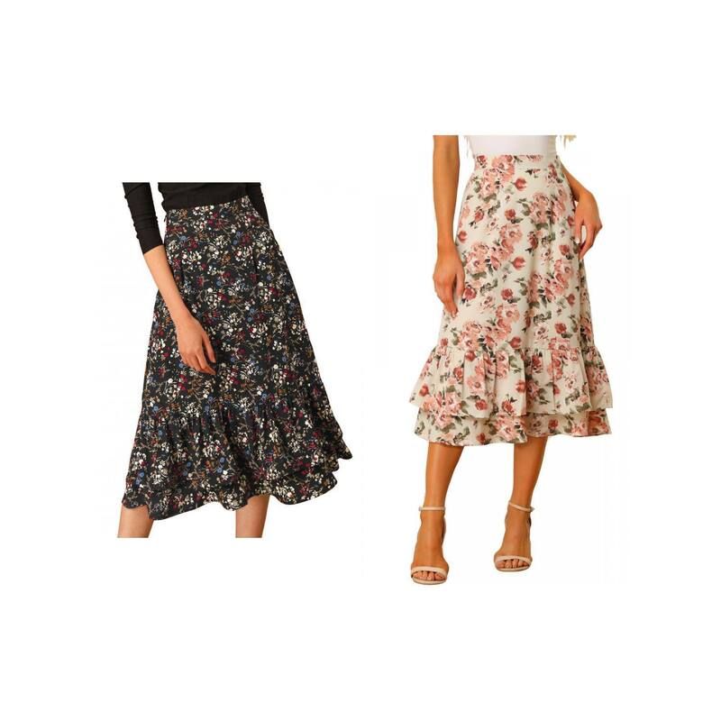 アレグラ ケー レディース ボトムスカート フリル裾 フラワー柄 プリント フリル ミディ フラワー ALLEGRA K 2 Packs Womens Floral Print Elastic Wai