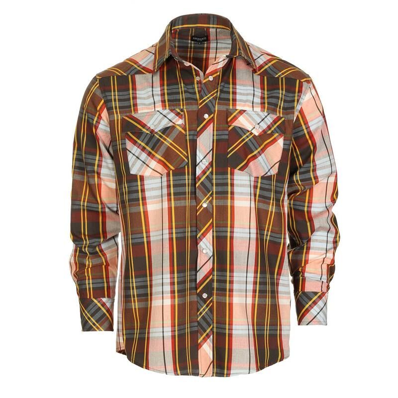 ジョベルティ メンズ トップス Tシャツ Gioberti Mens Western Plaid Long Sleeve Shirt With Pearl Snapon Red Yellow Blac