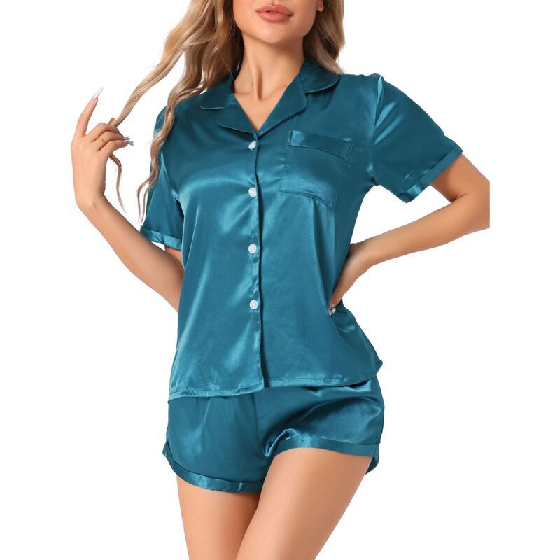 cheibear レディース アンダーウェア ナイトウェア シャツ ショートパンツ サテン cheibear Women Satin Pajama Set Button Short Sleeve Sh