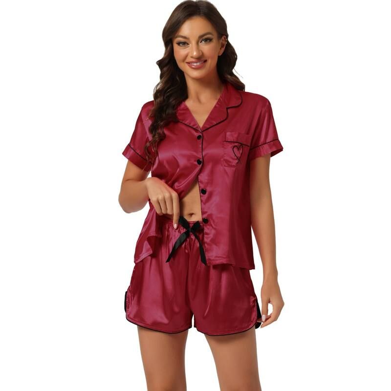cheibear レディース アンダーウェア ナイトウェア ボタンダウン ショートパンツ サテン ダウン cheibear Womens Pajama Short Sleeves Button Dow