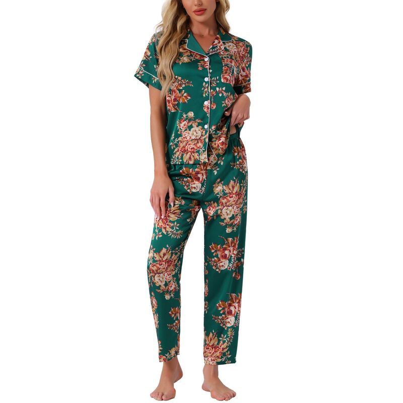 cheibear レディース アンダーウェア ナイトウェア フラワー柄 パンツ サテン シルク フラワー cheibear Womensilk Floral Satin Short Sleeves T