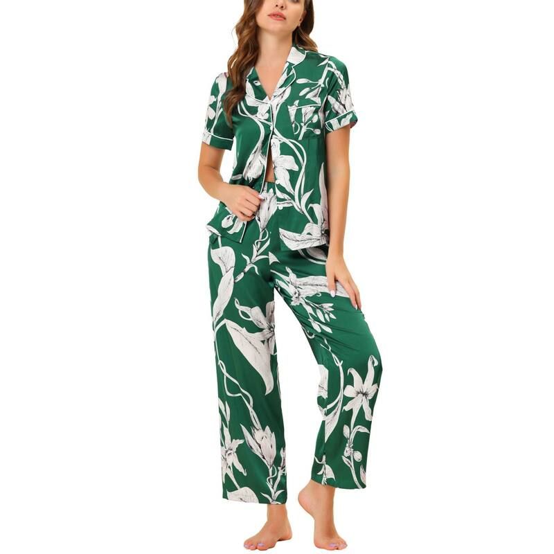 cheibear レディース アンダーウェア ナイトウェア フラワー柄 パンツ サテン シルク フラワー cheibear Womensilk Floral Satin Short Sleeves T
