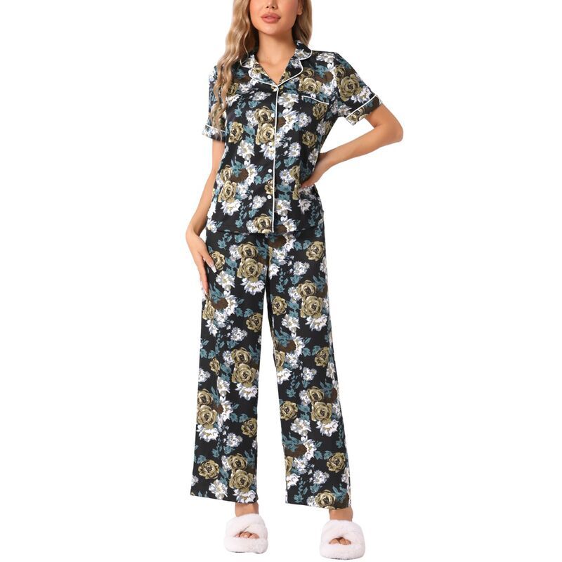 cheibear レディース アンダーウェア ナイトウェア フラワー柄 パンツ サテン シルク フラワー cheibear Womensilk Floral Satin Short Sleeves T