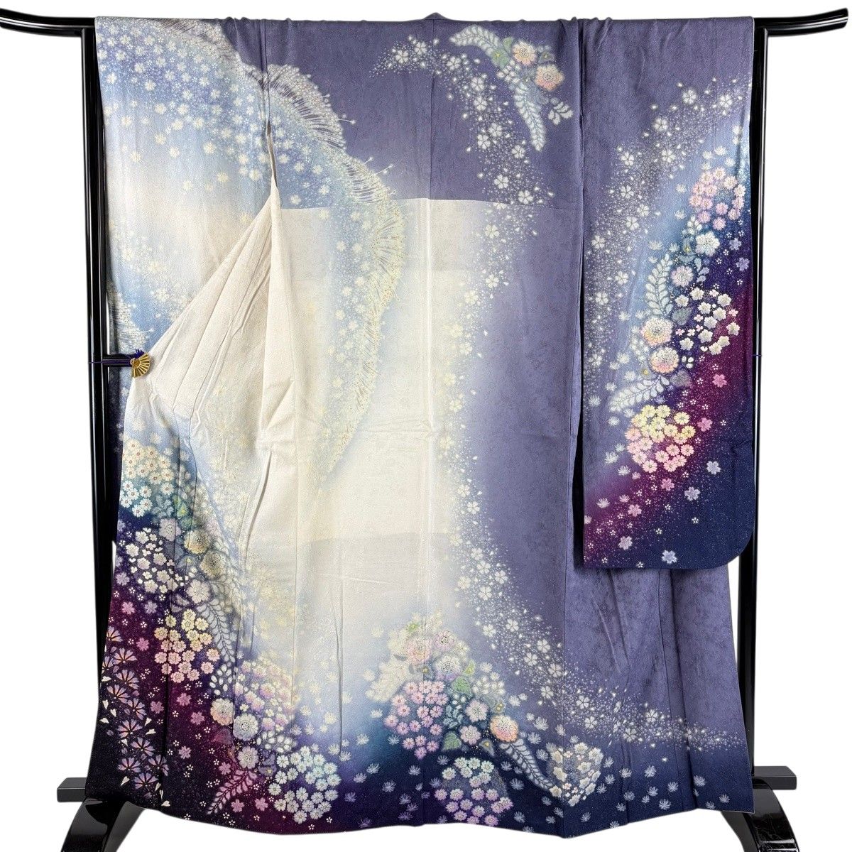 振袖 身丈163cm 裄丈67.5cm L 袷 辻が花 銀通し 金彩 紫 正絹 名品 【中古】
