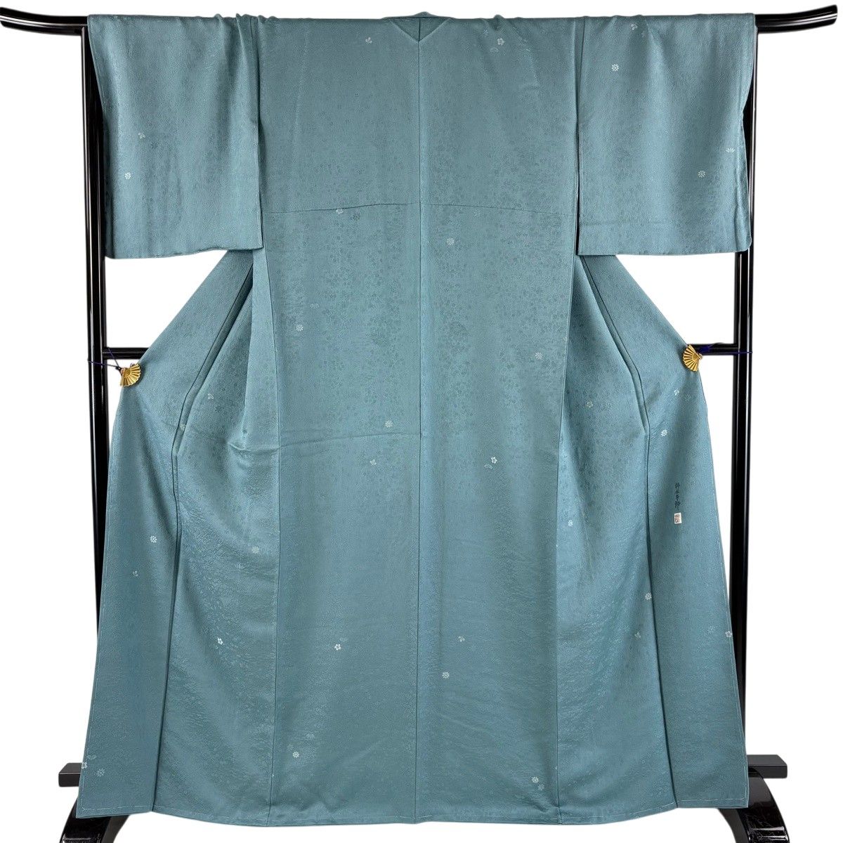 小紋 身丈167cm 裄丈69cm L 袷 柿本市郎 落款 草花 地紋 青緑 正絹 名品 【中古】