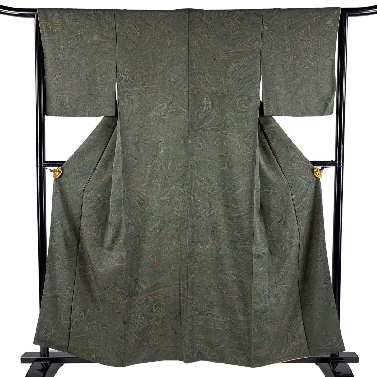 【美品】 小紋 身丈158.5cm 裄丈64cm M 袷 墨流し 灰緑 正絹 名品 【中古】