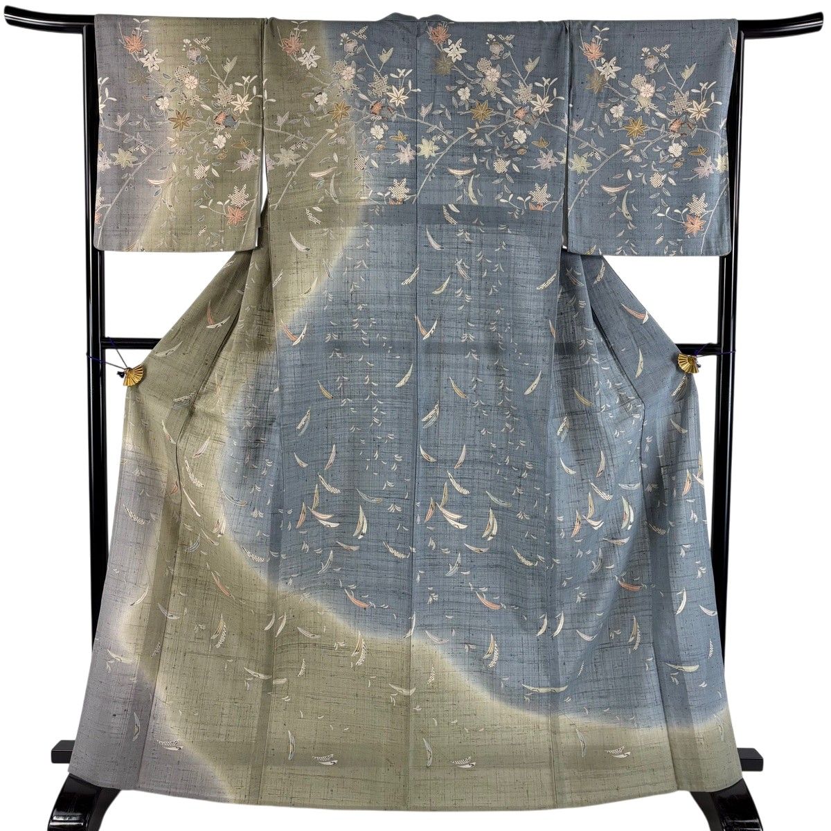 訪問着 身丈167cm 裄丈66cm M 薄物 夏紬地 葉柄 霞 ぼかし 灰緑 正絹 名品 【中古】