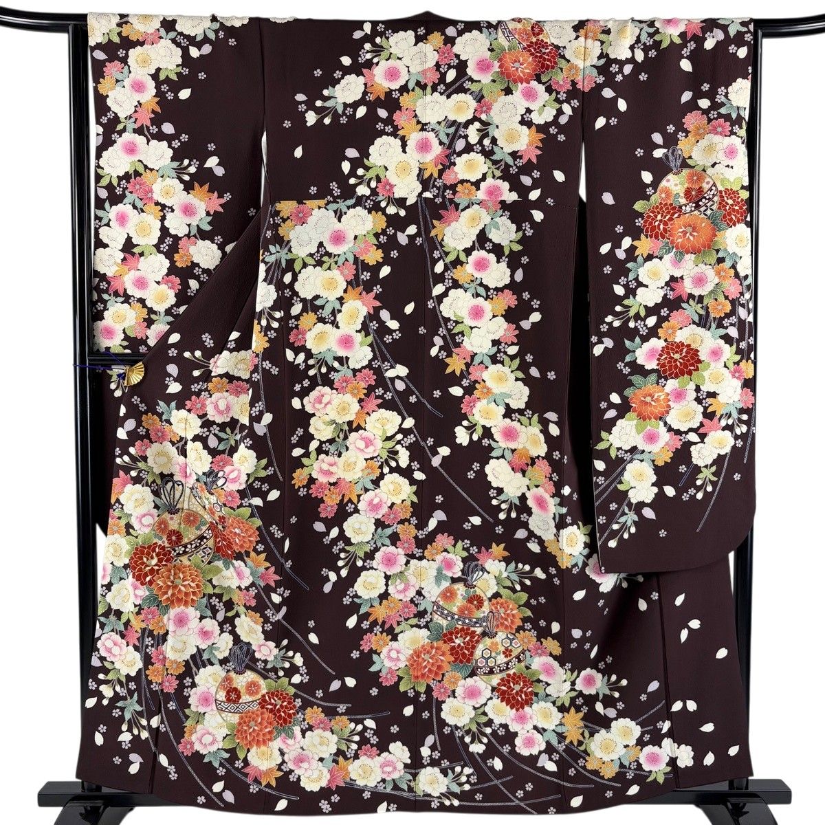振袖 身丈159.5cm 裄丈65.5cm M 袷 鈴 草花 金糸 金彩 茶紫 正絹 名品 【中古】