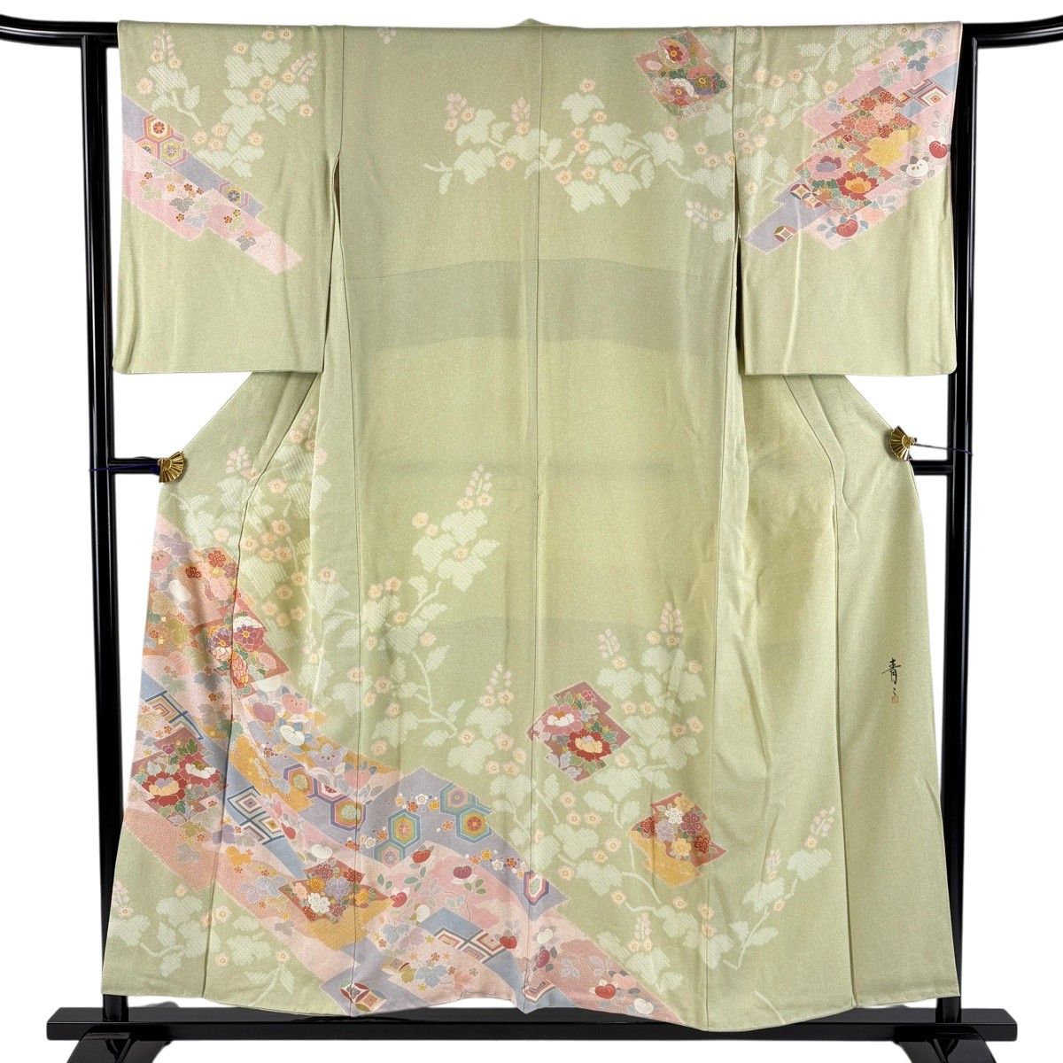 訪問着 身丈154cm 裄丈63cm S 袷 松井青々 落款 松皮菱 菊 金糸 金銀彩 抹茶色 正絹 名品 【中古】