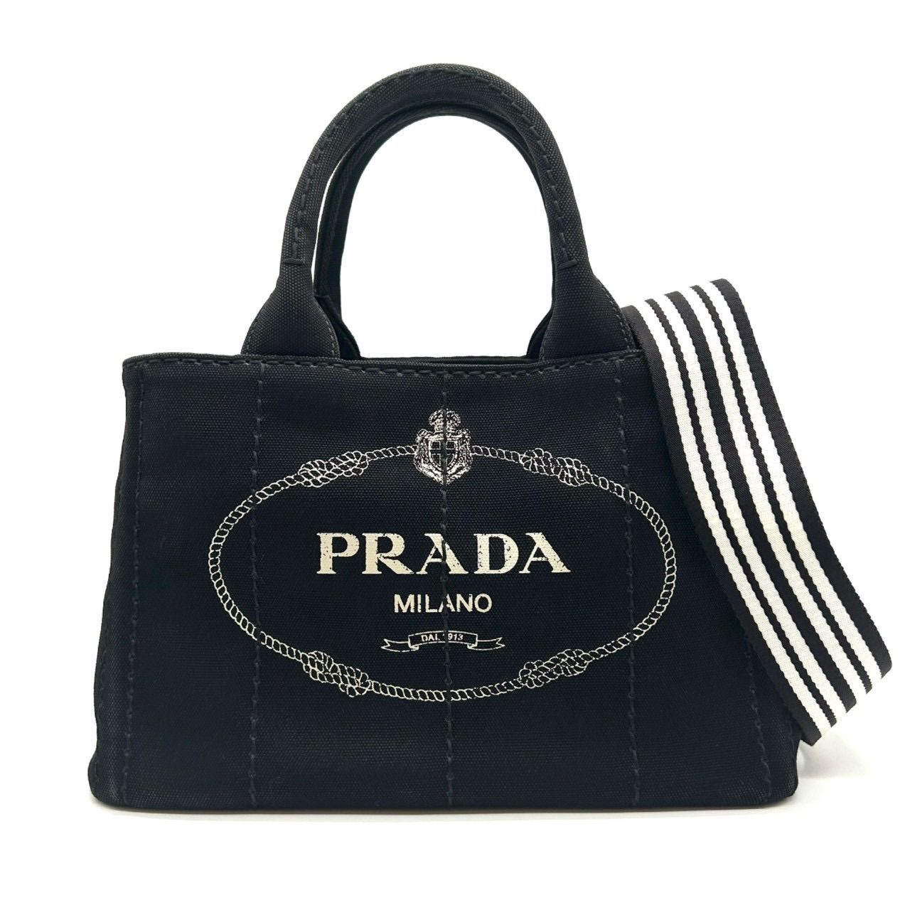 PRADA プラダ カナパ キャンバス 2WAY ハンドバッグ ブラック ロゴ 1BG439 ゴールド金具 ストライプ ショルダーバッグ レディース 鞄 ギフト プレゼント