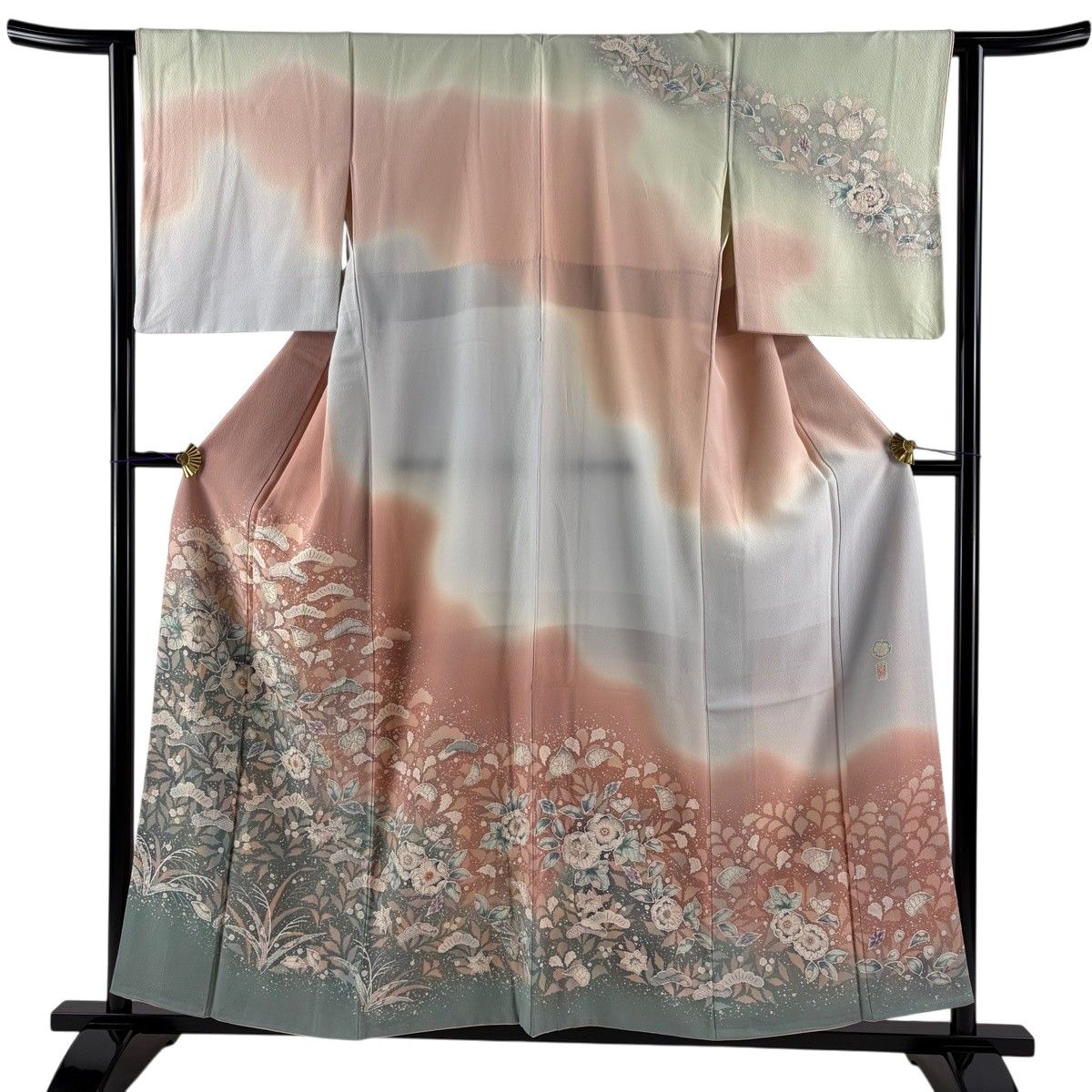 訪問着 身丈156.5cm 裄丈63cm S 袷 翠山工房 落款 辻が花 笠松 染め分け ぼかし ピンクベージュ 正絹 名品 【中古】