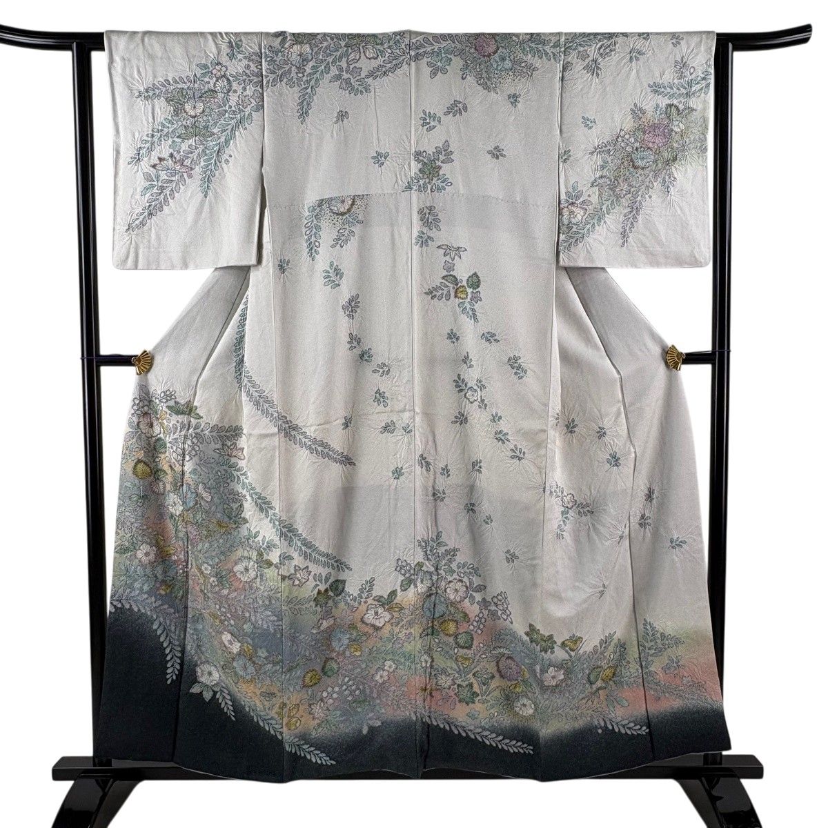 訪問着 身丈156cm 裄丈62cm S 袷 辻が花 地紋 金彩 ぼかし 灰色 正絹 名品 【中古】