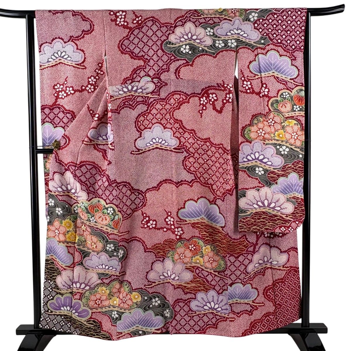 【美品】 振袖 身丈158cm 裄丈62.5cm S 袷 草花 笠松 金糸 絞り えんじ色 正絹 名品 【中古】