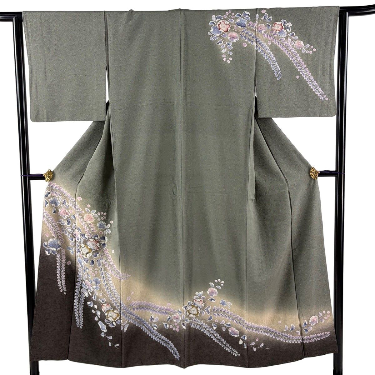 訪問着 身丈150cm 裄丈63cm S 袷 辻が花柄 染め分け ぼかし 灰緑 正絹 名品 【中古】