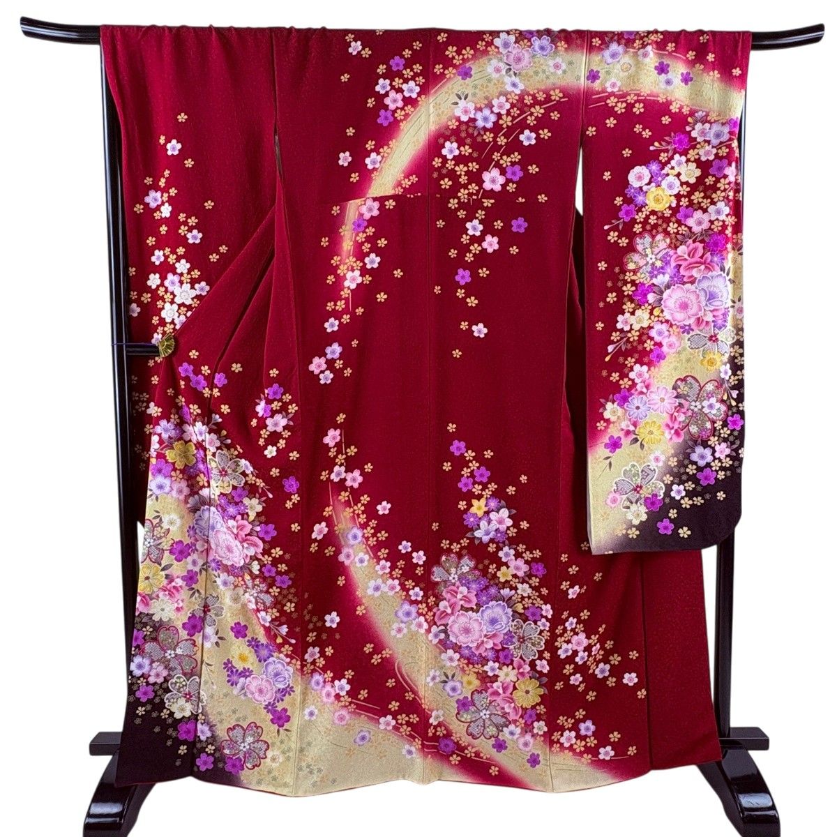 【美品】 振袖 身丈164.5cm 裄丈68.5cm L 袷 桜 草花 金銀彩 ぼかし 赤 正絹 名品 【中古】