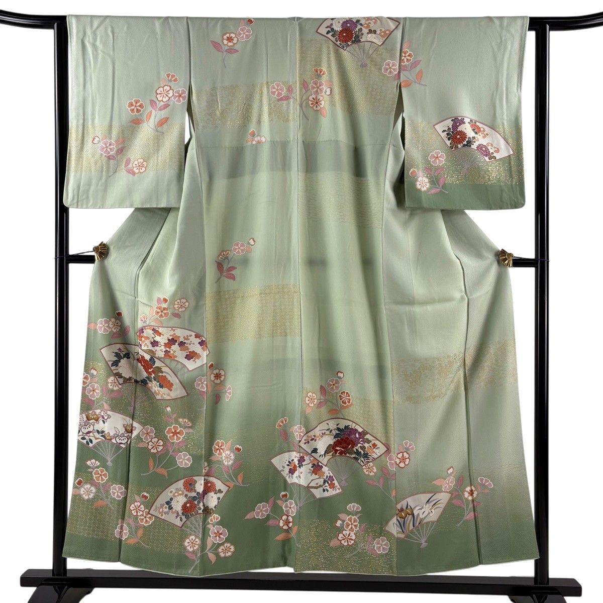 訪問着 身丈154cm 裄丈62cm S 袷 扇 草花 金彩 ぼかし 薄緑 正絹 名品 【中古】