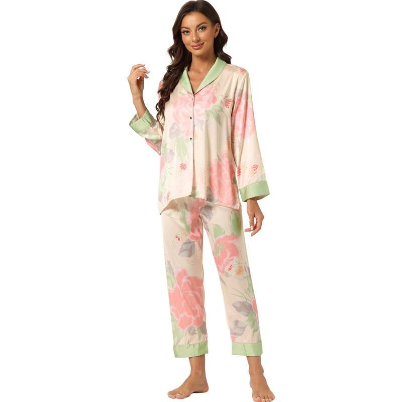 cheibear レディース アンダーウェア ナイトウェア ボタンダウン フラワー柄 シルク ダウン フラワー cheibear Womens Pajamas Floral Button Down S